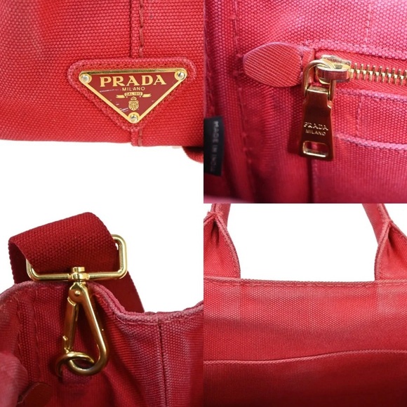 PRADA Logo Mini CANAPA 2Way Shoulder Bag Canvas leather Red Gold with COA - Picture 11 of 15